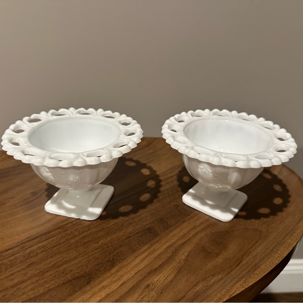 Set of 2!Vintage White  Glass Lace Reticulated Edge Pedestal Candy Nut Dish Bowl